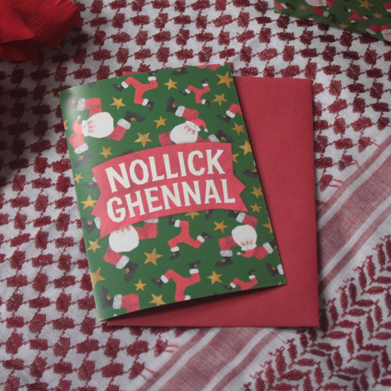 "Nollick Ghennal" Three legged Santa Christmas Card
